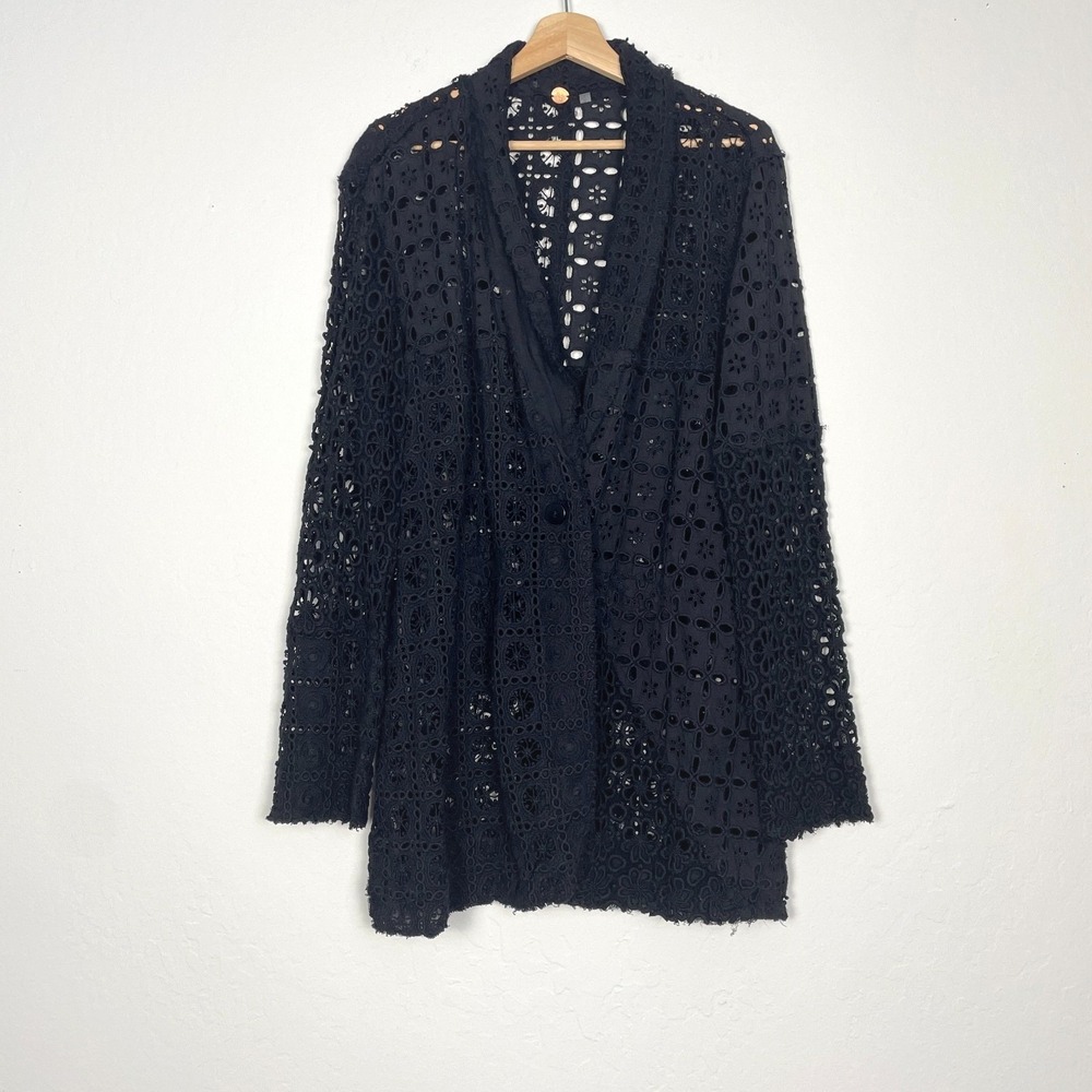 NWT Free People FP One Yesenia Eyelet Suit Jacket Crochet Raw Edge Black Size 8